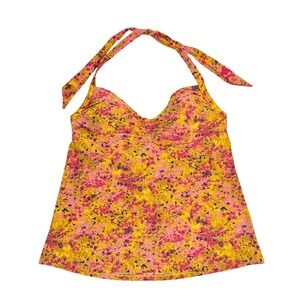 Lands' End Tankini Swimsuit Top 8 Yellow Pink Floral Halter Underwire Swim